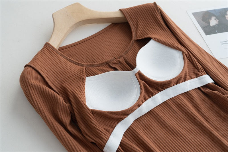 Berry Full Sleeve Built-in Bra T-Shirt